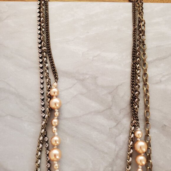 ✨ J.Crew Champagne Pearl Thead Antiqued Rhinestones Crystal Multi Chain Necklace - Picture 4 of 6